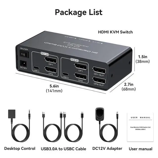 Alt view image 7 of 7 - WRIARICH DisplayPort KVM Switch 2 Monitors 2 Computers 8K@60HZ 4K@120Hz, Aluminum KVM Switch, Dual Monitor DP KVM Switcher 2 Monitors for 2 Computers Sharing 4 USB Devices with Desktop Controller