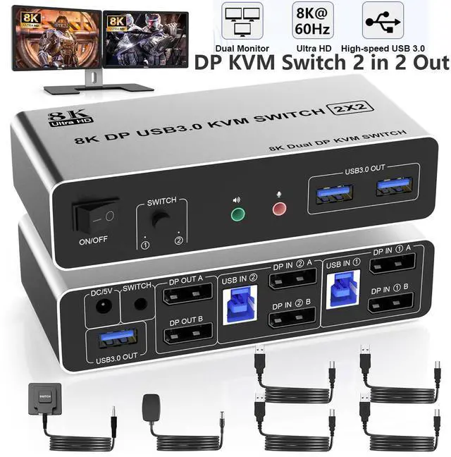 Main image of WRIARICH USB 3.0 DisplayPort KVM Switch 2 Monitors 2 Computers, Dual Monitor 8K@60Hz DP KVM Switch 2 in 2 Out with Audio Microphone Output and 3 USB 3.0 Ports, 2 PC 2 Monitors Keyboard Mouse Switcher
