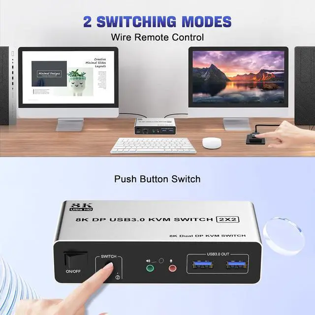 Alt view image 7 of 7 - WRIARICH USB 3.0 DisplayPort KVM Switch 2 Monitors 2 Computers, Dual Monitor 8K@60Hz DP KVM Switch 2 in 2 Out with Audio Microphone Output and 3 USB 3.0 Ports, 2 PC 2 Monitors Keyboard Mouse Switcher