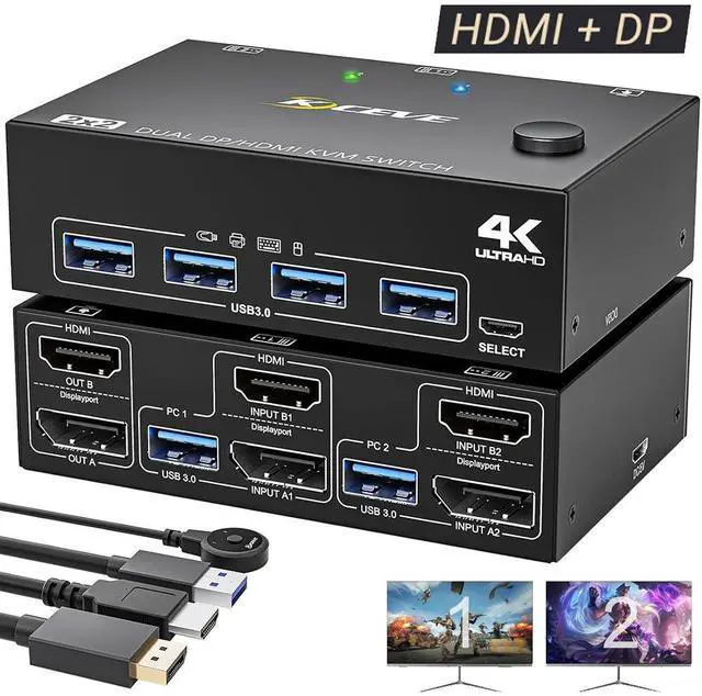 Main image of WRIARICH USB 3.0 KVM Switch 2 Monitors 2 Computers, Dual Monitor HDMI + Displayport KVM Switch, Dual Monitor KVM Switch with 4 USB 3.0 ports for 2 PCs Share Mouse and Keyboard, with HDMI+DP+USB Cable