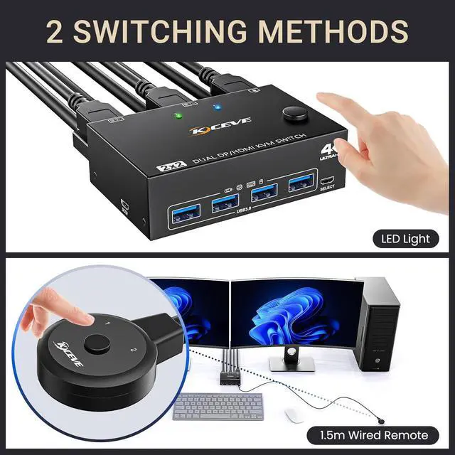 Alt view image 4 of 7 - WRIARICH USB 3.0 KVM Switch 2 Monitors 2 Computers, Dual Monitor HDMI + Displayport KVM Switch, Dual Monitor KVM Switch with 4 USB 3.0 ports for 2 PCs Share Mouse and Keyboard, with HDMI+DP+USB Cable