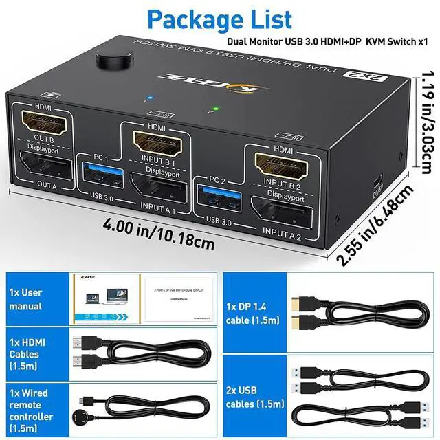 Alt view image 7 of 7 - WRIARICH USB 3.0 KVM Switch 2 Monitors 2 Computers, Dual Monitor HDMI + Displayport KVM Switch, Dual Monitor KVM Switch with 4 USB 3.0 ports for 2 PCs Share Mouse and Keyboard, with HDMI+DP+USB Cable