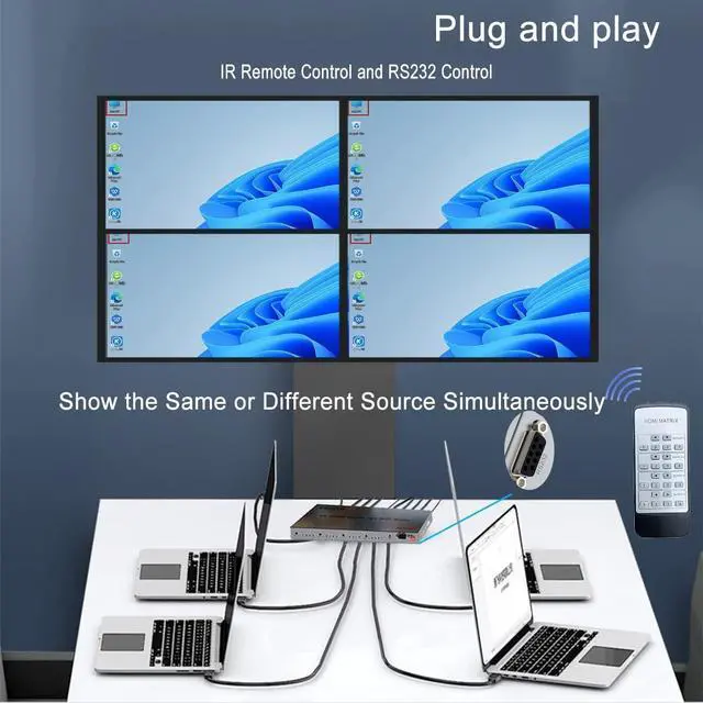 Alt view image 5 of 7 - 4K HDMI Matrix, 4x4 Audio HDMI Splitter Switch, 4 HDMI in 4 HDMI Out HDMI 1.4 Switcher, 3.5mm Out Audio Swith and EDID, Support IR Remote, Button Press, RS232, 4K @30HZ, 1080P 3D, HDCP, YUV 4:4:4