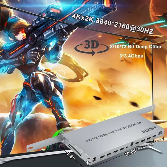 Alt view image 2 of 7 - 4K HDMI Matrix, 4x4 Audio HDMI Splitter Switch, 4 HDMI in 4 HDMI Out HDMI 1.4 Switcher, 3.5mm Out Audio Swith and EDID, Support IR Remote, Button Press, RS232, 4K @30HZ, 1080P 3D, HDCP, YUV 4:4:4