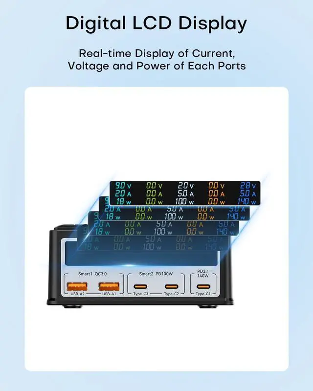 Alt view image 4 of 7 - USB Charging Station, 260W 5 Ports Fast USB C Charging Station, 140W PD3.1 USB C GaN Charger with LCD Display, Wireless Charger, Desktop USB Charging Hub for Laptop, Tablet PC, Smartphones etc.
