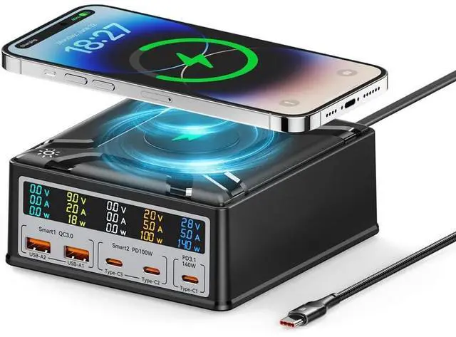 Main image of USB Charging Station, 260W 5 Ports Fast USB C Charging Station, 140W PD3.1 USB C GaN Charger with LCD Display, Wireless Charger, Desktop USB Charging Hub for Laptop, Tablet PC, Smartphones etc.