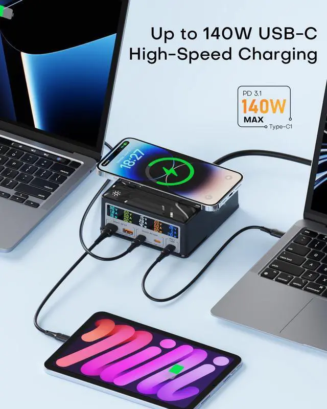 Alt view image 2 of 7 - USB Charging Station, 260W 5 Ports Fast USB C Charging Station, 140W PD3.1 USB C GaN Charger with LCD Display, Wireless Charger, Desktop USB Charging Hub for Laptop, Tablet PC, Smartphones etc.