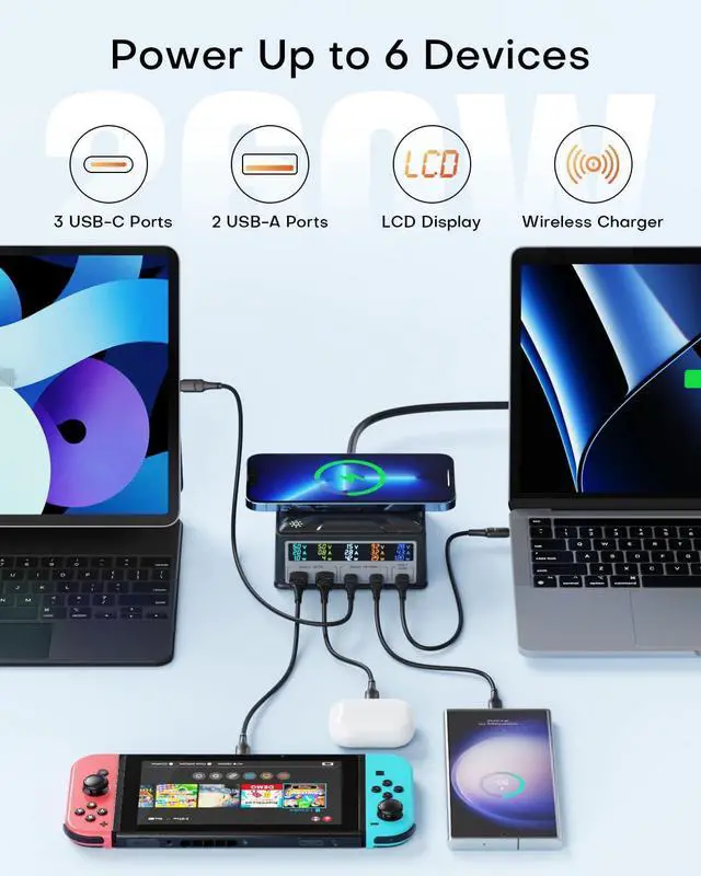Alt view image 3 of 7 - USB Charging Station, 260W 5 Ports Fast USB C Charging Station, 140W PD3.1 USB C GaN Charger with LCD Display, Wireless Charger, Desktop USB Charging Hub for Laptop, Tablet PC, Smartphones etc.