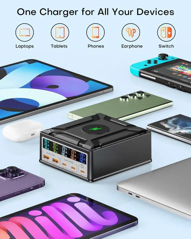 Alt view image 6 of 7 - USB Charging Station, 260W 5 Ports Fast USB C Charging Station, 140W PD3.1 USB C GaN Charger with LCD Display, Wireless Charger, Desktop USB Charging Hub for Laptop, Tablet PC, Smartphones etc.