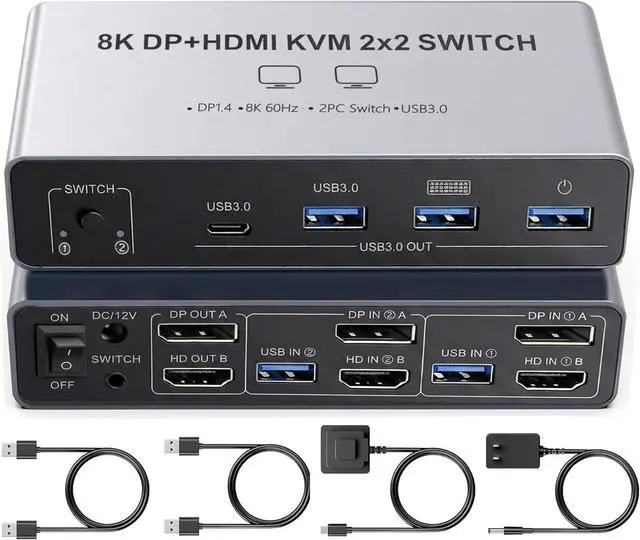Main image of Dual Monitor 8K KVM Switch 2 Monitors 2 Desktop PCs, HDMI + Displayport KVM Switcher 4K@144Hz HDMI 2.1 + DP1.4 2 Port KVM Switch for 2 PCs Sharing Keyboard Mouse & 4 USB 3.0 Ports, Wired Switch