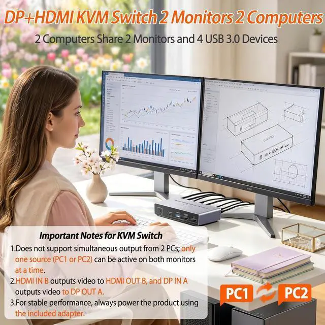Alt view image 3 of 7 - Dual Monitor 8K KVM Switch 2 Monitors 2 Desktop PCs, HDMI + Displayport KVM Switcher 4K@144Hz HDMI 2.1 + DP1.4 2 Port KVM Switch for 2 PCs Sharing Keyboard Mouse & 4 USB 3.0 Ports, Wired Switch