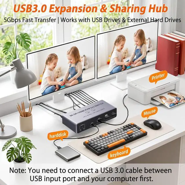 Alt view image 6 of 7 - Dual Monitor 8K KVM Switch 2 Monitors 2 Desktop PCs, HDMI + Displayport KVM Switcher 4K@144Hz HDMI 2.1 + DP1.4 2 Port KVM Switch for 2 PCs Sharing Keyboard Mouse & 4 USB 3.0 Ports, Wired Switch