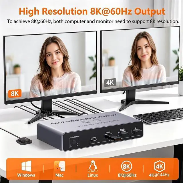Alt view image 2 of 7 - Dual Monitor 8K KVM Switch 2 Monitors 2 Desktop PCs, HDMI + Displayport KVM Switcher 4K@144Hz HDMI 2.1 + DP1.4 2 Port KVM Switch for 2 PCs Sharing Keyboard Mouse & 4 USB 3.0 Ports, Wired Switch