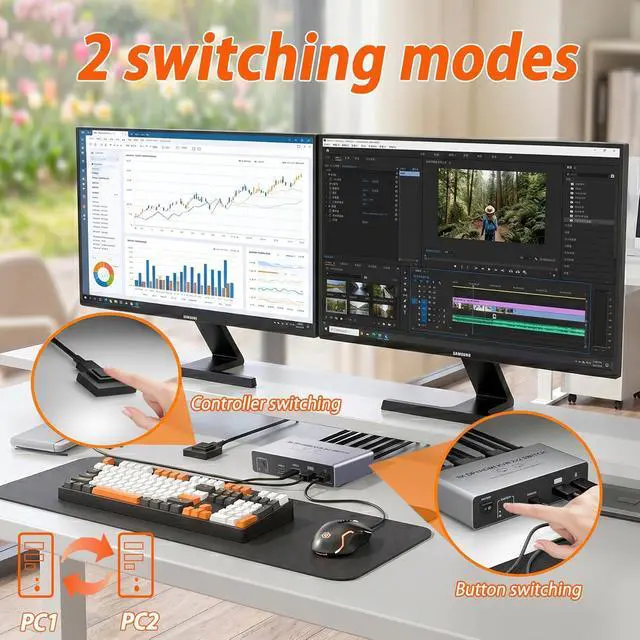Alt view image 7 of 7 - Dual Monitor 8K KVM Switch 2 Monitors 2 Desktop PCs, HDMI + Displayport KVM Switcher 4K@144Hz HDMI 2.1 + DP1.4 2 Port KVM Switch for 2 PCs Sharing Keyboard Mouse & 4 USB 3.0 Ports, Wired Switch