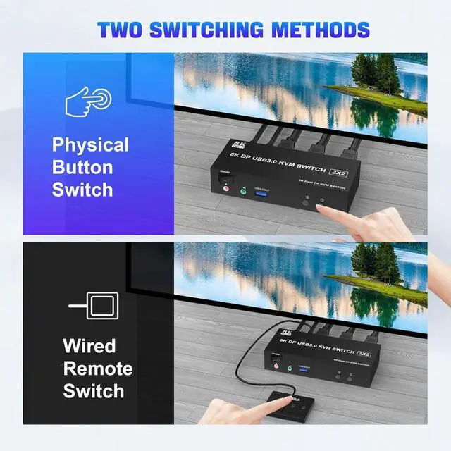 Alt view image 7 of 7 - Displayport USB 3.0 KVM Switch 2 Monitors 2 Computers 8K@60Hz 4K@144Hz, Dual Monitor Displayport1.4 KVM Switches with Audio Microphone Output and 3 USB 3.0 Ports, DP Switch for 2 PCs 2 Monitors