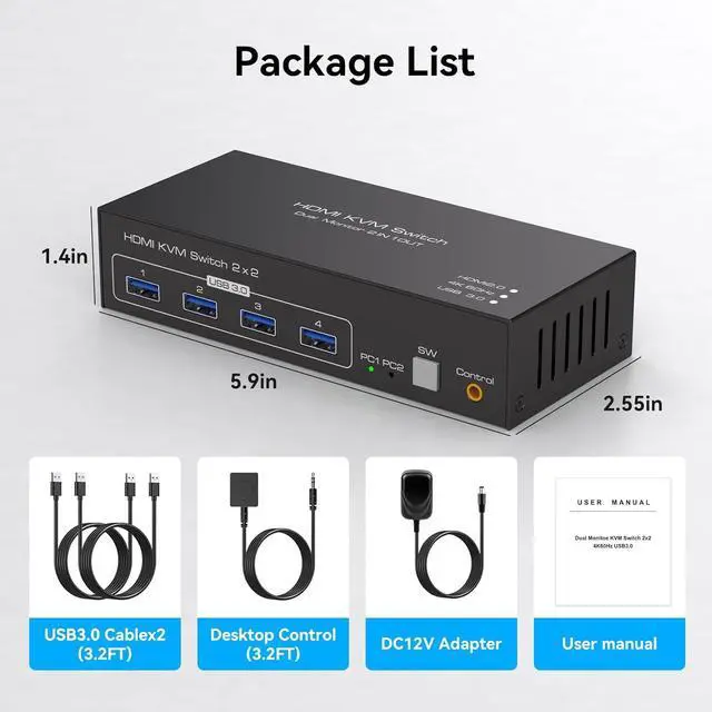 Alt view image 7 of 7 - WRIARICH 2 Ports HDMI KVM Switch 2 Monitor 2 Computers, 4K@60Hz HDMI USB KVM Switches Share Dual Monitors and 4 USB 3.0 Devices Support Extended/Copy Mode with 2 USB Cables and Wired Controller