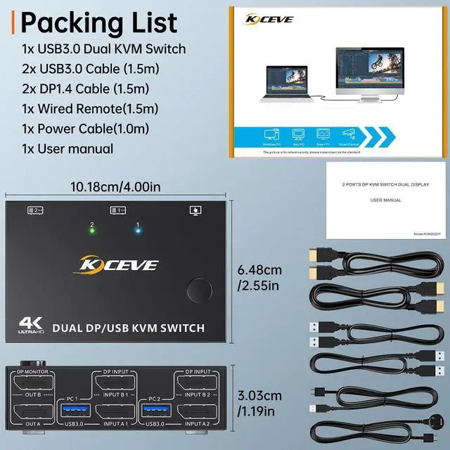 Alt view image 7 of 7 - WRIARICH USB 3.0 Displayport KVM Switch for 2 Monitors 2 Computers 8K@30Hz 4K@144Hz, Dual Monitor Displayport KVM Switches with 4 USB 3.0 Port for USB Device, Wired Remote and 4 Cable Included