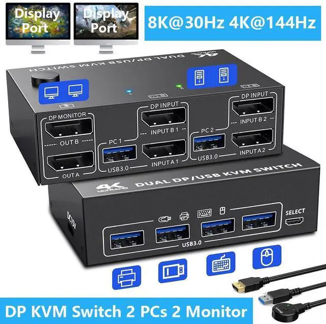 Main image of USB 3.0 Displayport KVM Switch 2 PC 2 Monitors, KVM Switch 8K@30Hz 4K@144Hz,Dual Monitor KVM Switch Displayport 1.4 for 2 PC Share Wireless Keyboard,Mouse, Printer, with 2 USB 3.0 and DP Cables