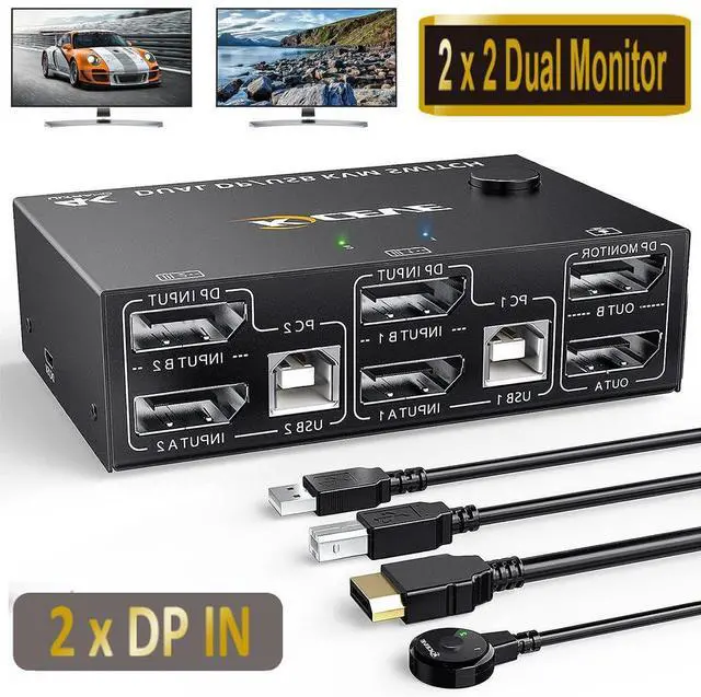 Main image of Dual Monitor DisplayPort KVM Switch 8K@30Hz 4K@144Hz, USB DP KVM Switch for 2 PC 2 Monitors Supports DP1.4 Extended display, with 4 USB 2.0 ports for 2 PCs, with DP+USB cables and desktop controller