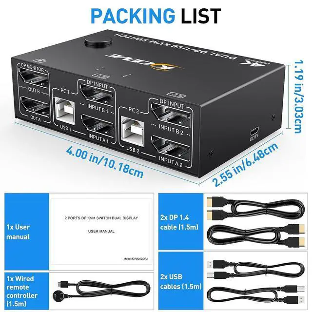 Alt view image 7 of 7 - Dual Monitor DisplayPort KVM Switch 8K@30Hz 4K@144Hz, USB DP KVM Switch for 2 PC 2 Monitors Supports DP1.4 Extended display, with 4 USB 2.0 ports for 2 PCs, with DP+USB cables and desktop controller