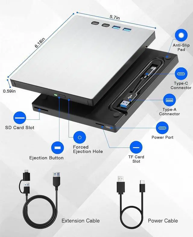 Alt view image 5 of 7 - External Blu ray Drive for Laptop, Blu Ray Burner, USB 3.0 Type-C External Bluray DVD Drive Support 100G BD Disc Drives Portable Bluray DVD Player CD Reader Compatible with Windows Linux MacOS