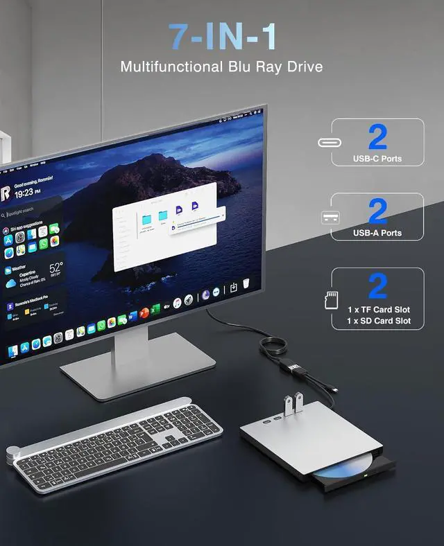 Alt view image 2 of 7 - External Blu ray Drive for Laptop, Blu Ray Burner, USB 3.0 Type-C External Bluray DVD Drive Support 100G BD Disc Drives Portable Bluray DVD Player CD Reader Compatible with Windows Linux MacOS