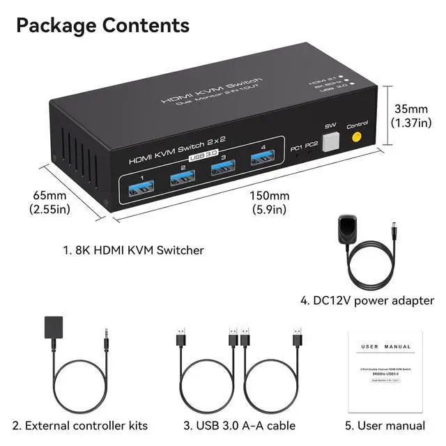 Alt view image 7 of 7 - 8K@60Hz KVM Switch HDMI 2 in 2 Out, HDMI KVM Switch for 2 Computers Share 2 Monitors and 4 USB 3.0 port, 4K@120Hz Dual Monitor HDMI USB KVM Switch, Desktop Controller and 2 USB Cable Included