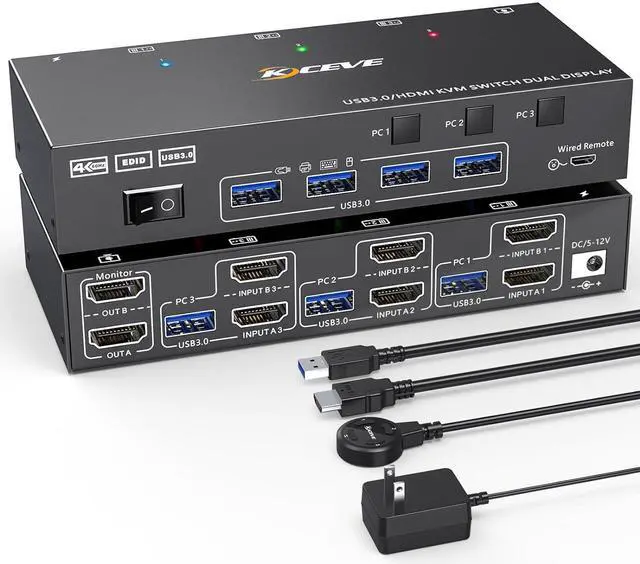 Main image of WRIARICH Dual Monitor KVM Switch USB 3.0 HDMI KVM Switch for 2 Monitors 3 Computers 4K@60Hz 2K@144Hz, with EDID Emulator, Dual Monitor KVM Switch with 4 USB 3.0 Ports, Wired Remote and Cables Included