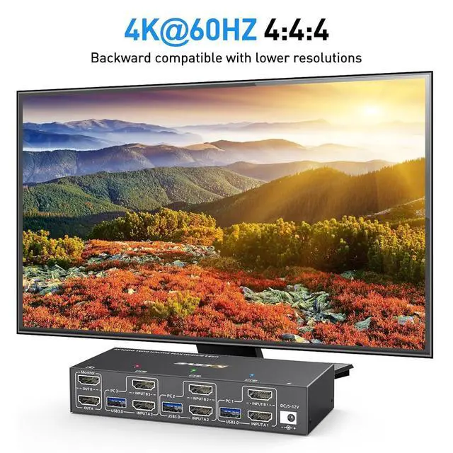 Alt view image 3 of 7 - WRIARICH Dual Monitor KVM Switch USB 3.0 HDMI KVM Switch for 2 Monitors 3 Computers 4K@60Hz 2K@144Hz, with EDID Emulator, Dual Monitor KVM Switch with 4 USB 3.0 Ports, Wired Remote and Cables Included