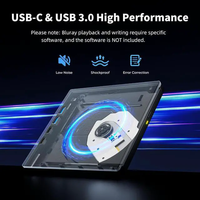 Alt view image 6 of 7 - 7 in 1 External Blu Ray Drive, Support 100G Disc R/W Portable Blu Ray Player with USB 3.0 Type-C, CD DVD Burner 3D Blu Ray with SD/TF Port, Blu Ray Burner Compatible with Windows Laptop Desktop