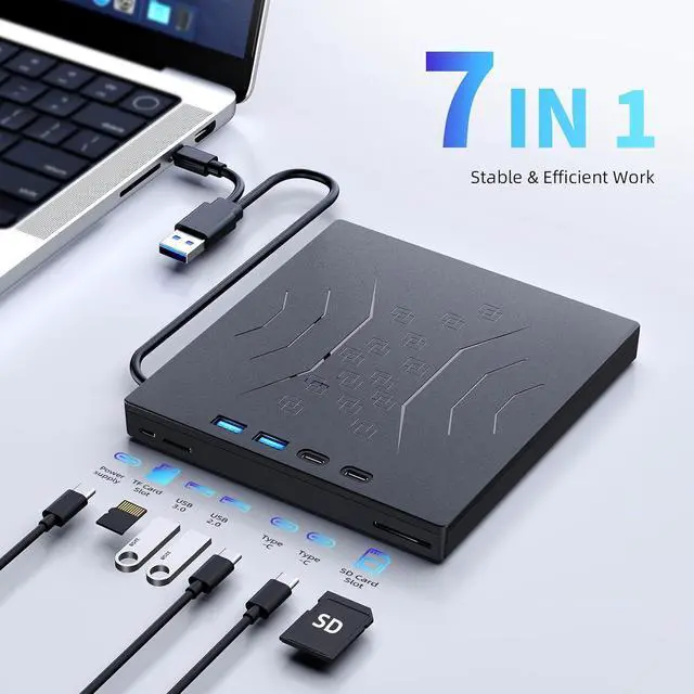 Alt view image 2 of 7 - 7 in 1 External Blu Ray Drive, Support 100G Disc R/W Portable Blu Ray Player with USB 3.0 Type-C, CD DVD Burner 3D Blu Ray with SD/TF Port, Blu Ray Burner Compatible with Windows Laptop Desktop