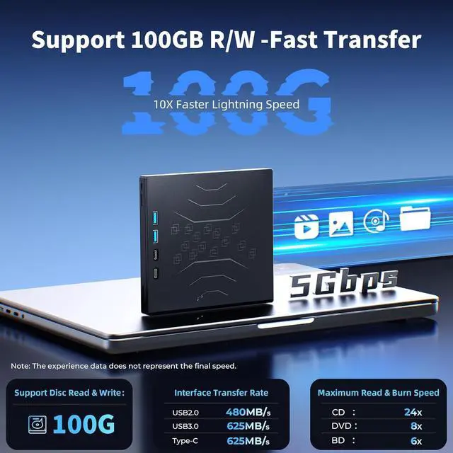 Alt view image 3 of 7 - 7 in 1 External Blu Ray Drive, Support 100G Disc R/W Portable Blu Ray Player with USB 3.0 Type-C, CD DVD Burner 3D Blu Ray with SD/TF Port, Blu Ray Burner Compatible with Windows Laptop Desktop
