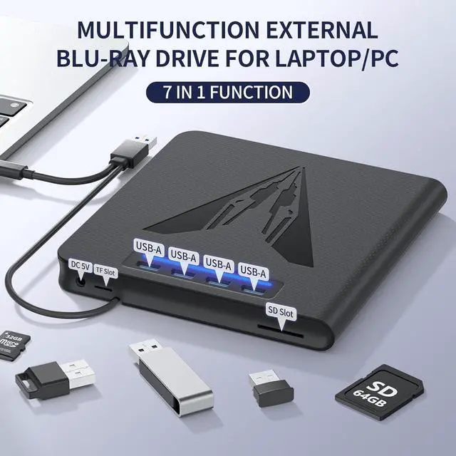 Alt view image 2 of 7 - 7 in 1 External Blu Ray DVD Drive & Burner for PC Laptop, Portable Blu Ray DVD/CD Burner with 100GB Disc Support, External CD/DVD Drive SD/TF Card Reader & 4 USB A Hub for Windows Linux MacOS