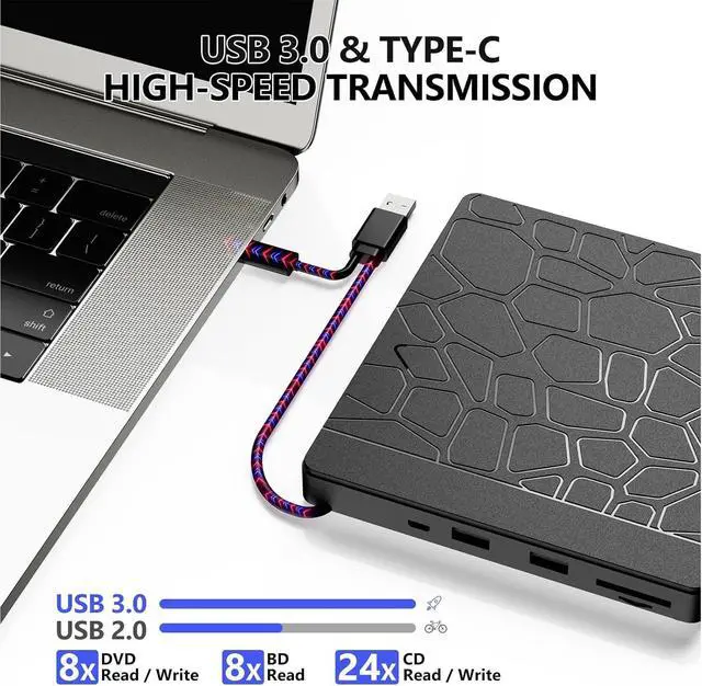 Alt view image 3 of 7 - 5-in-1 External Blu-ray Drive for Laptops, USB 3.0 & Type-C BD Reader, DVD/CD Burner with Dual USB-A Ports, SD/TF Slots Portable Blu-ray Player for Laptop PC, Windows/Linux/Mac OS Compatible