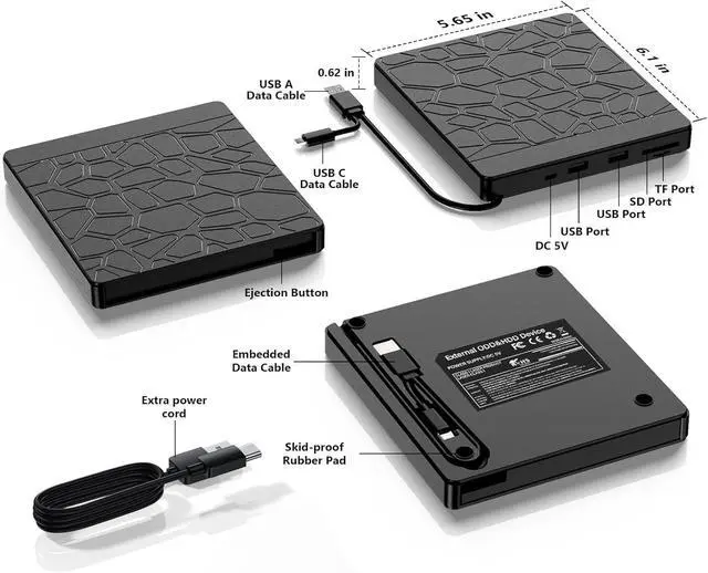 Alt view image 7 of 7 - 5-in-1 External Blu-ray Drive for Laptops, USB 3.0 & Type-C BD Reader, DVD/CD Burner with Dual USB-A Ports, SD/TF Slots Portable Blu-ray Player for Laptop PC, Windows/Linux/Mac OS Compatible