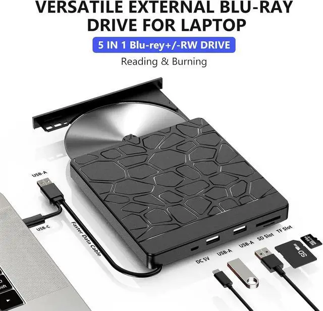 Alt view image 2 of 7 - 5-in-1 External Blu-ray Drive for Laptops, USB 3.0 & Type-C BD Reader, DVD/CD Burner with Dual USB-A Ports, SD/TF Slots Portable Blu-ray Player for Laptop PC, Windows/Linux/Mac OS Compatible