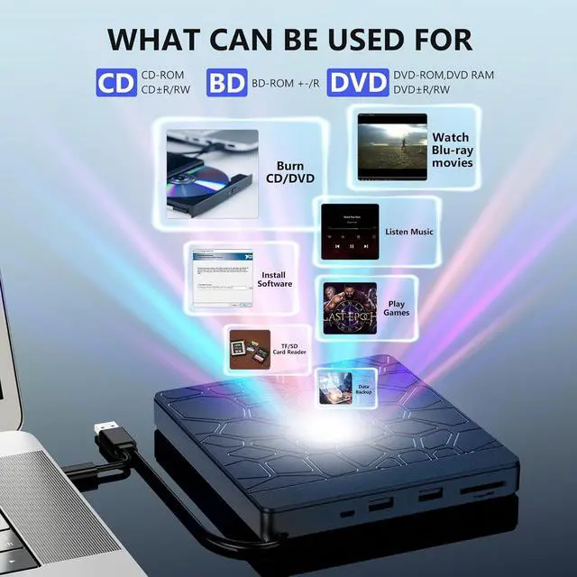 Alt view image 4 of 7 - 5-in-1 External Blu-ray Drive for Laptops, USB 3.0 & Type-C BD Reader, DVD/CD Burner with Dual USB-A Ports, SD/TF Slots Portable Blu-ray Player for Laptop PC, Windows/Linux/Mac OS Compatible