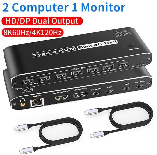 Main image of Type-C KVM Switch for 2 Laptops Share 1 Monitor, KVM Switch Docking Station with 7 USB-A Ports, 2 USB-C Charging 100W, RJ45 Port, Thunderbolt KVM Supports 4K@60Hz with HDMI and DP for Laptops
