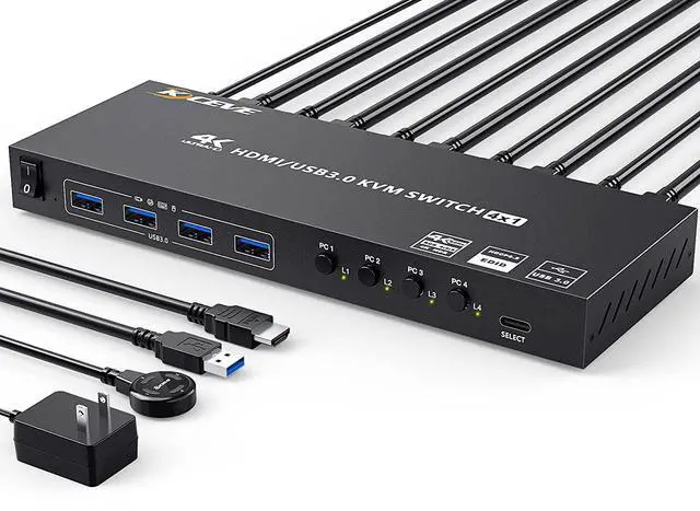 Main image of USB 3.0 KVM Switch HDMI 4 Port Support 4K @60Hz 2K @120Hz Simulation EDID, USB HDMI KVM Switch 4 in 1 Out for 4 Computers Share 1 Monitor and 4 USB 3.0 Port, with Desktop Controller and KVM Cables