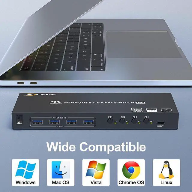 Alt view image 6 of 7 - USB 3.0 KVM Switch HDMI 4 Port Support 4K @60Hz 2K @120Hz Simulation EDID, USB HDMI KVM Switch 4 in 1 Out for 4 Computers Share 1 Monitor and 4 USB 3.0 Port, with Desktop Controller and KVM Cables