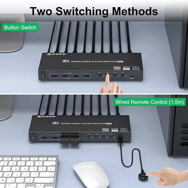 Alt view image 4 of 7 - USB 3.0 KVM Switch HDMI 4 Port Support 4K @60Hz 2K @120Hz Simulation EDID, USB HDMI KVM Switch 4 in 1 Out for 4 Computers Share 1 Monitor and 4 USB 3.0 Port, with Desktop Controller and KVM Cables