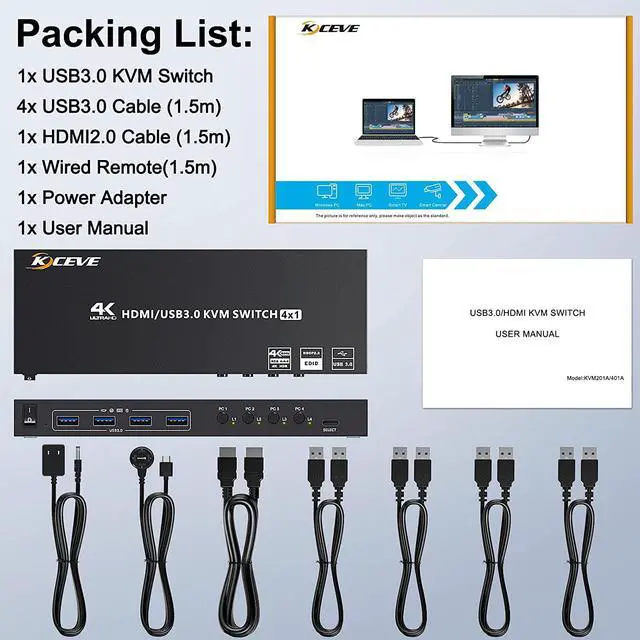 Alt view image 7 of 7 - USB 3.0 KVM Switch HDMI 4 Port Support 4K @60Hz 2K @120Hz Simulation EDID, USB HDMI KVM Switch 4 in 1 Out for 4 Computers Share 1 Monitor and 4 USB 3.0 Port, with Desktop Controller and KVM Cables