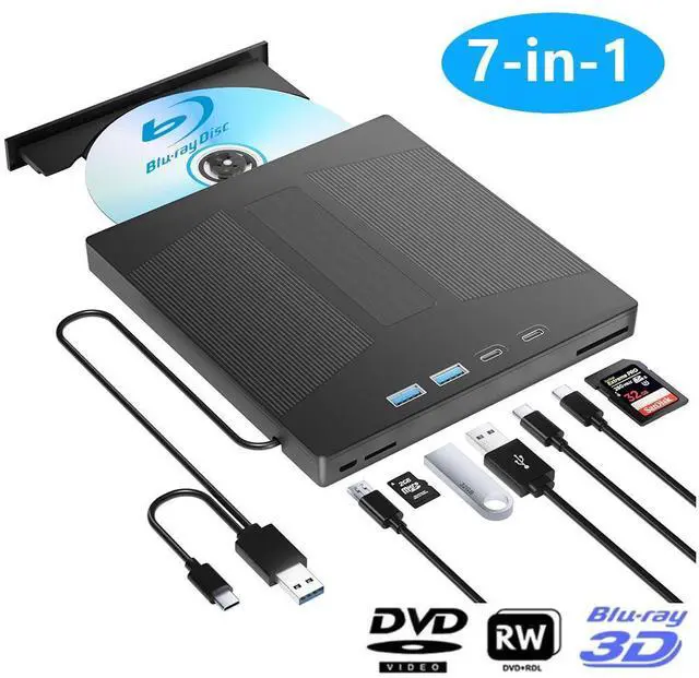 Main image of WRIARICH 7 in 1 External Blu ray DVD Drive, Support 100G Disc R/W,USB 3.0 Type-C BD DVD CD Player Portable CD DVD Burner with SD/TF Card Slot, Compatible with Windows XP/7/8/10/11 Mac Laptop Desktop