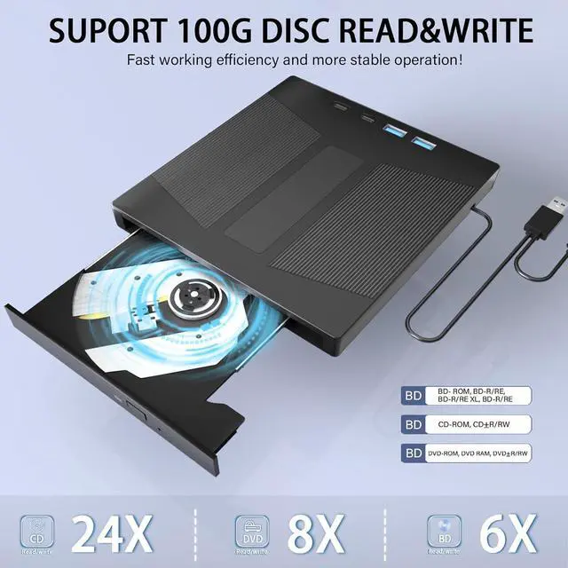 Alt view image 4 of 7 - WRIARICH 7 in 1 External Blu ray DVD Drive, Support 100G Disc R/W,USB 3.0 Type-C BD DVD CD Player Portable CD DVD Burner with SD/TF Card Slot, Compatible with Windows XP/7/8/10/11 Mac Laptop Desktop