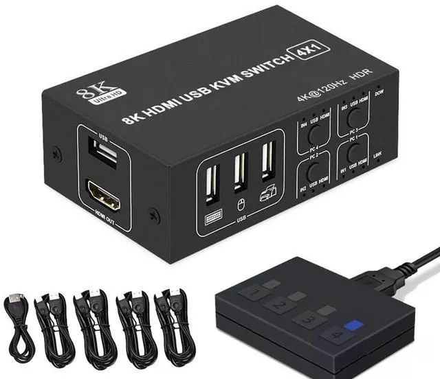 Main image of 4x1 HDMI KVM Switch 4 Port, 8K @60Hz 4K@120Hz HDMI USB KVM HDMI Switch Share 4 Computers with One Monitor One-Button Swapping, 4 in 1 Out KVM Switcher for PC Laptop with 4 USB Cables 1 Power Cable