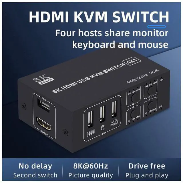 Alt view image 2 of 7 - 4x1 HDMI KVM Switch 4 Port, 8K @60Hz 4K@120Hz HDMI USB KVM HDMI Switch Share 4 Computers with One Monitor One-Button Swapping, 4 in 1 Out KVM Switcher for PC Laptop with 4 USB Cables 1 Power Cable