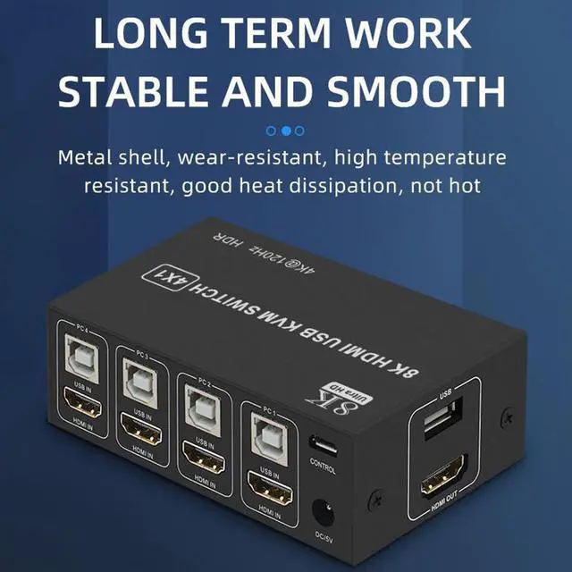 Alt view image 5 of 7 - 4x1 HDMI KVM Switch 4 Port, 8K @60Hz 4K@120Hz HDMI USB KVM HDMI Switch Share 4 Computers with One Monitor One-Button Swapping, 4 in 1 Out KVM Switcher for PC Laptop with 4 USB Cables 1 Power Cable