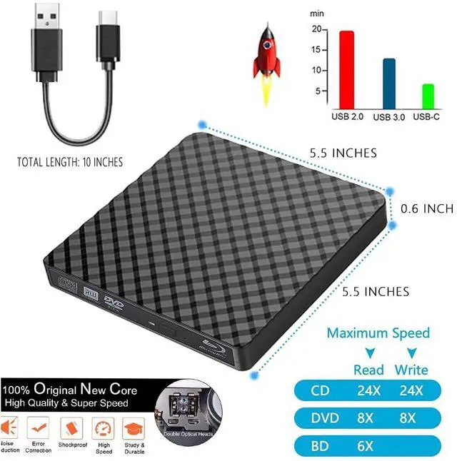 Alt view image 7 of 7 - WRIARICH External Blu ray Drive DVD/BD Player Read/Write Portable Blu-ray Drive USB 3.0 CD DVD Burner 3D Blu RAL Drive Compatible with/Win7/Win8/Win10/ Mac OS Blu ray Burner