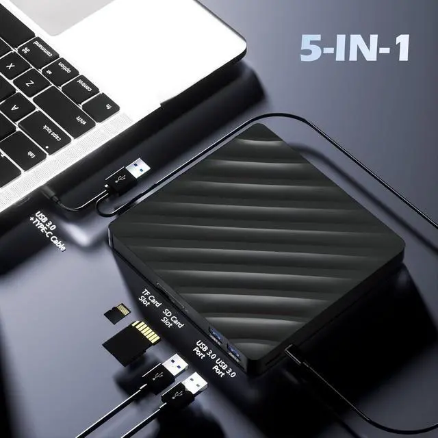 Alt view image 4 of 7 - 5 in 1 External Bluray Drive, USB 3.0 Type-C Slim Optical External Blu-ray DVD Burner with SD/TF Card Reader 2 USB 3.0 Hubs Compatible with Windows XP/7/8/10 MacOS MacBook Laptop and Desktop PC