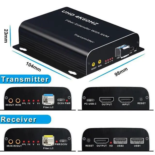 Alt view image 2 of 7 - WRIARICH 4K 60hz HDMI KVM Fiber Extender Multifunction HDMI Video Optical Transceiver 4K Full HD HDMI to Fiber Converter Single-Mode Up to 20KM Support USB Mouse Keyboard KVM
